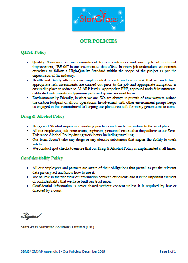 QHSSE Policy, D&A Policy, Confidentiality Policy